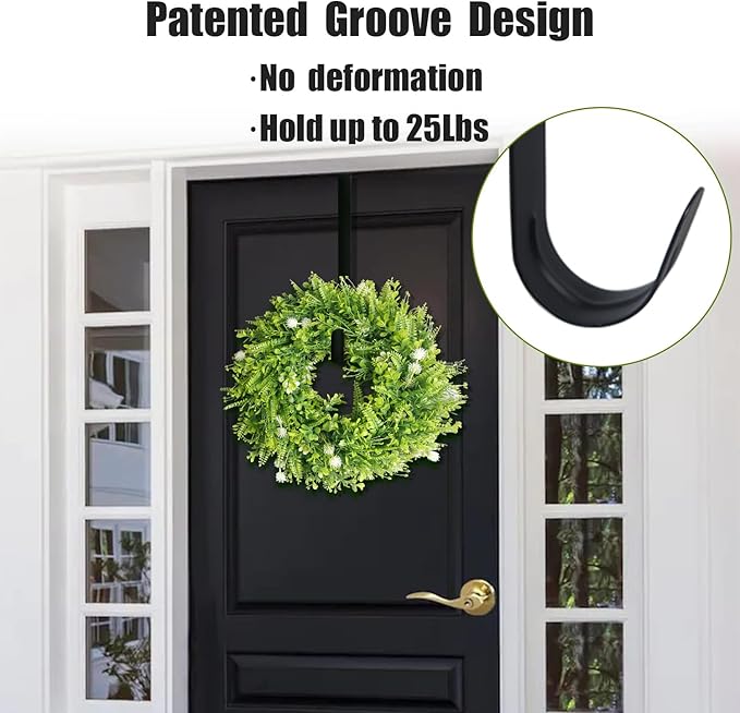 GameXcel 12" Wreath Hanger for Front Door - Large Wreath Metal Hook for Christmas Wreath Over The Door Single Hook, Black