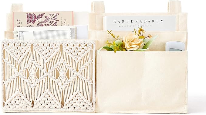 Mkono Bedside Caddy Hanging Organizer, Bunk Woven 7 Pockets Bed Storage Bag Boho Remote Magazine Books Holder with Macrame for Loft Bed College Dorm Bedroom Baby Bed Rails, Ivory