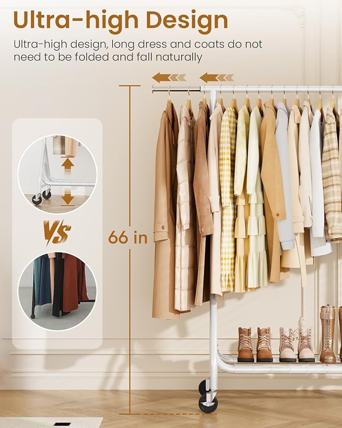 Heavy Duty Clothes Rack, Metal Clothing Rack Load 450 LBS, Rolling Coat Racks for Hanging Clothes with Lockable Wheels, Wardrobe Closet Garment Racks for Bedroom, White