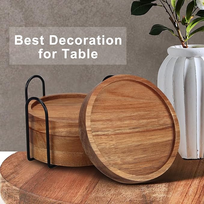 4 Pcs Farmhouse Wooden Coasters with Holder Cute Wood Drink Coaster Set Outdoor Beer Costers Home Decoration Coffee Table Decor Gift Cup Coaster Bar Kitchen Dining Table Accessories Modern Coasters