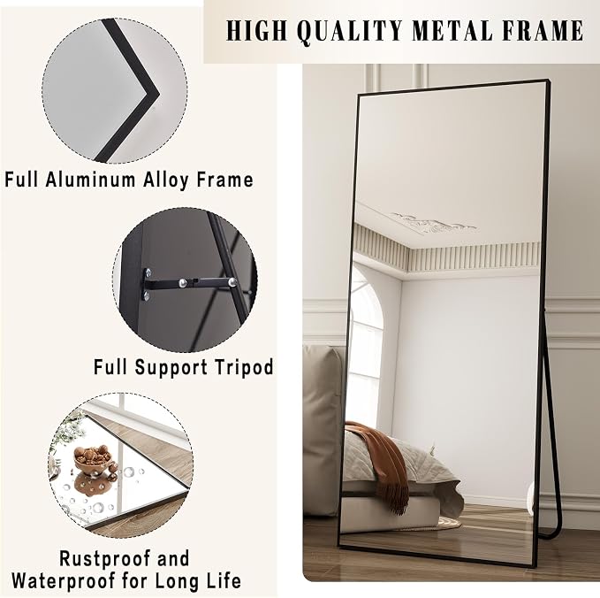 BEAUTYPEAK Full Length Mirror with Stand, 65"x24" Floor Mirror with Aluminum Alloy Thin Frame, ShatterVue Tempered Full Body Mirrors, Free Standing or Wall-Mounted Mirrors for Living Room, Black