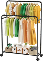 Simple Trending Clothing Clothes Rack Double Rods with Wheels, Rolling Metal Garment Rack for Hanging, Black