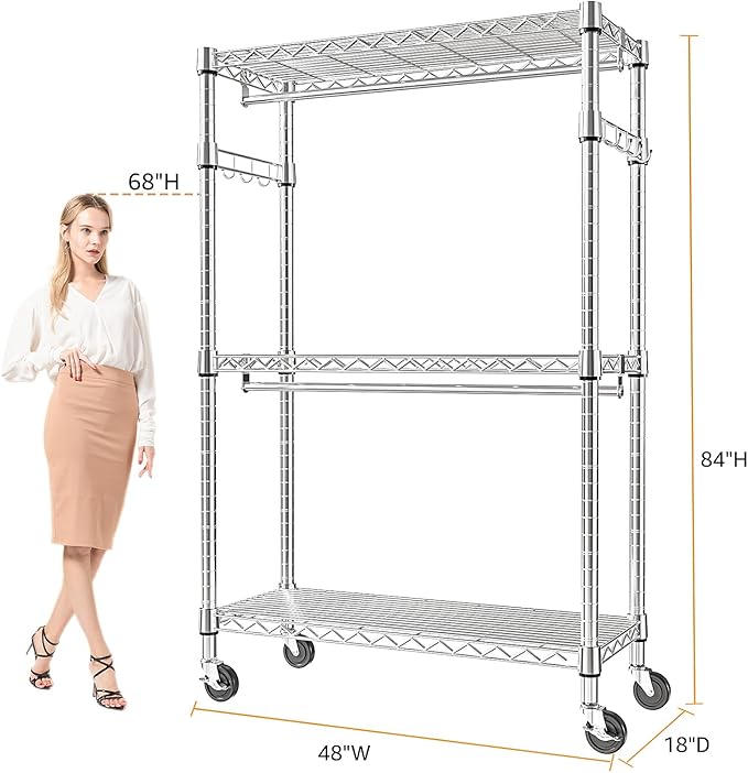 Heavy Duty Rolling Garment Rack 3 Tiers Adjustable Wire Shelving Clothes Rack with 2 Rods and Side Hooks, Storage Closet Clothing Rack with Wheels Chrome 17.7" D x 47.2" W x 83.6" H