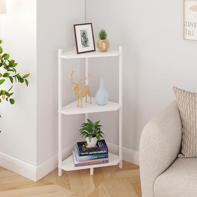 Wisuce Corner Shelf Stand - 3 Tier Bamboo Small Corner Bookshelf for Office Kitchen Bedroom Plant Stand Living Room Decor Small Space (White)