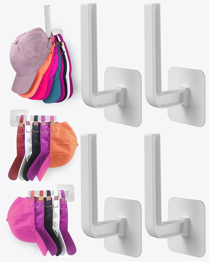 Hat Rack for Hat Storage (4-Pack), Multi-Purpose Hat Organizer, Strong Adhesive Hat Hooks for Wall Organizer for Baseball Caps, Two Mounting Options Hook, White