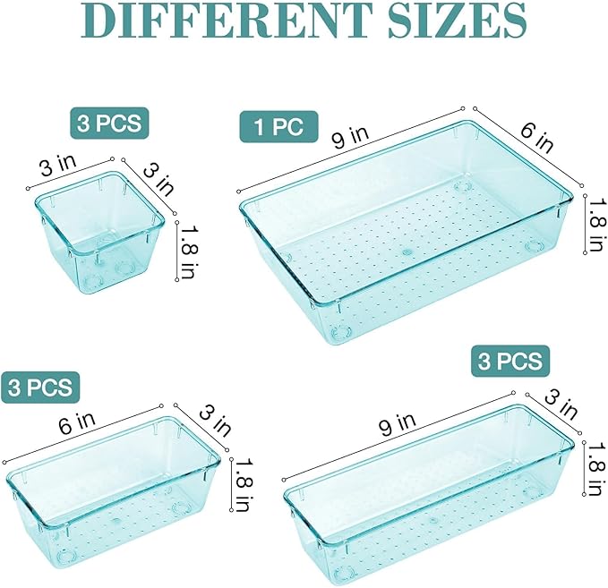 10 PCS Drawer Organizer Set, 4 Varied Size Bathroom and kitchen Drawer cabinet organizer Trays, Clear Storage Bins for Makeup, Jewelry, Utensils and Gadgets