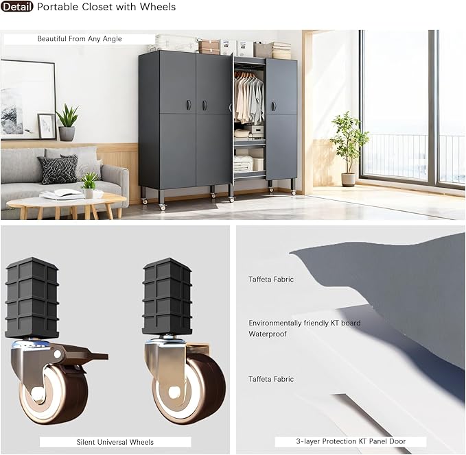 Heavy Duty Portable Closet with Cover Magnetic Doors, Metal Rolling Clothes Rack Heavy Duty 1500LBS, Foldable Clothing Rack, Garment Racks for Bedroom/LivingRoom/Rental (KT Grey, 59.05in)