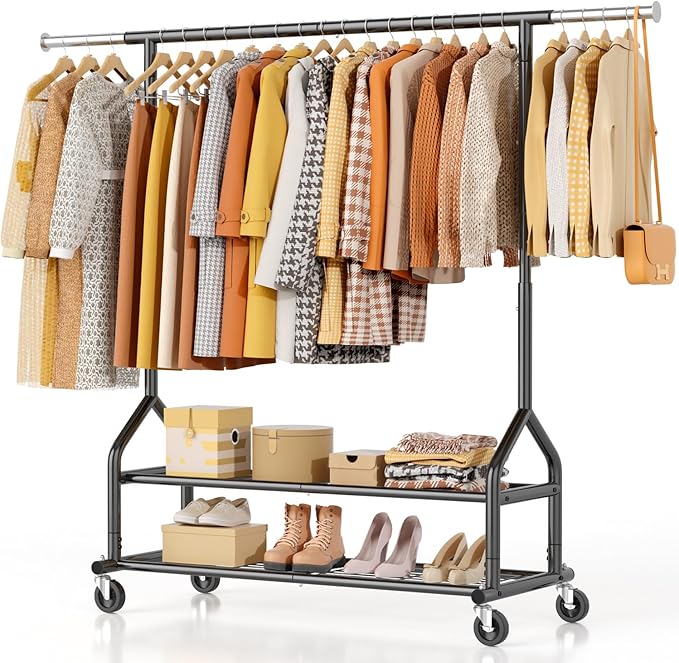 EAGMAK Heavy Duty Clothes Rack Load 556 LBS, Rolling Clothing Rack With Shelves, Height Adjustable Metal Clothes Hanger with Wheels Portable Wardrobe Organizer Garment Rod for Hanging Clothes (Black)