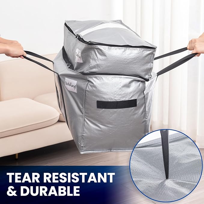 TAILI 2 Tier Extra Large Moving Bags, 2 Pack Silver Heavy Duty Totes for Storage with Visible Window, Wrap Around Handles, Storage Bags for Space Saving, Alternative to Moving Boxes