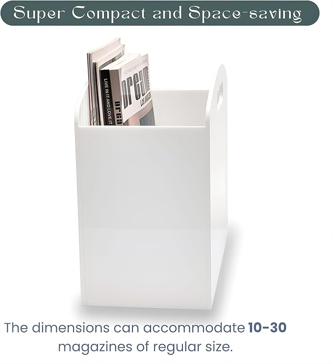 White Magazine Holder - Acrylic Magazine Rack Floor, Newspaper Stand with handles, Modern Lucite Magazine and Book Basket Box for Bathroom, Bedroom, Living Room