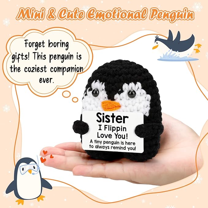 Belatelove Sisters Gifts from Sister, Funny Handmade Crochet Mini Penguin Gifts for Sister from Sisters, I Love You Long Distance Gift for Women, Cute Small Easter Decor