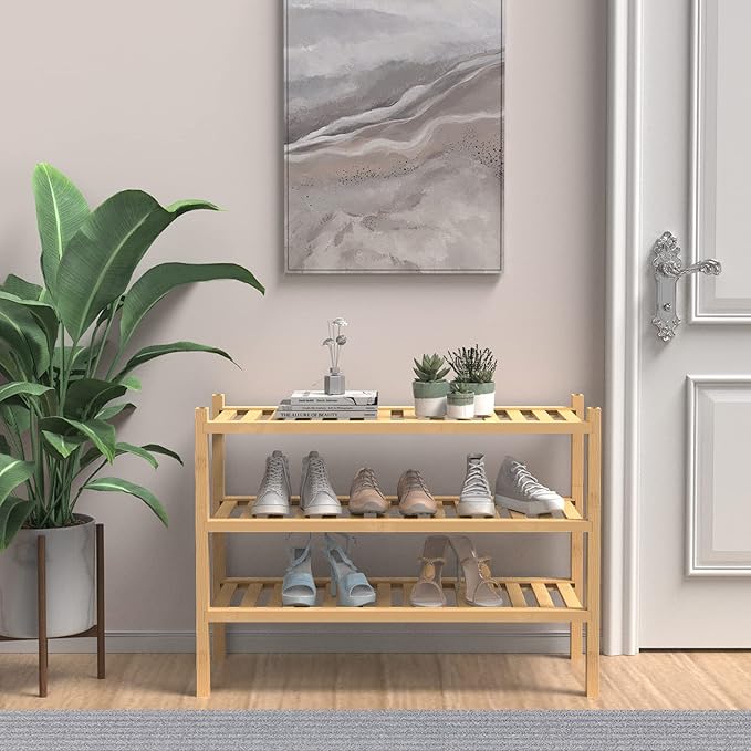 (Thick Bamboo Shoe Rack for Entryway, 3-Tier Free Standing Shoe Racks Stackable Shoe Rack Organizer for Hallway Closet Living Room 27 x12 x21 Inches