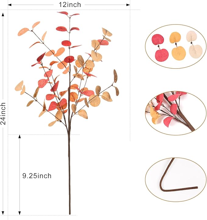 Beferr Fall Eucalyptus Stems Decor, 5Pcs 24" Faux Eucalyptus Branches Artificial Autumn Plants Decorations Fall Floral Arrangements Farmhouse Home Table Centerpiece