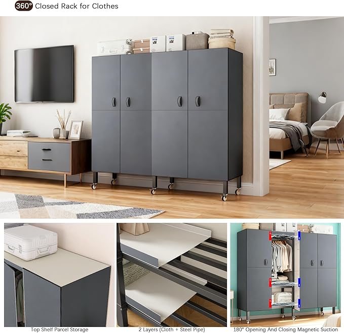 Heavy Duty Portable Closet with Cover Magnetic Doors, Metal Rolling Clothes Rack Heavy Duty 1500LBS, Foldable Clothing Rack, Garment Racks for Bedroom/LivingRoom/Rental (KT Grey, 59.05in)