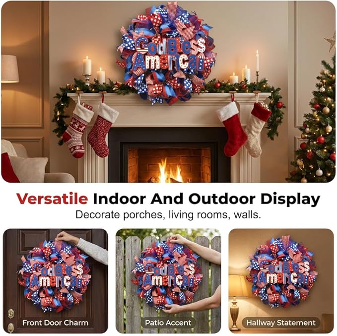 Patriotic Wreaths for Front Door, 250 Anniversary Decorations 4th of July Decorations Outdoor, Handcrafted Memorial Day Wreaths, Festival Celebration USA Flag Printed Wreath (C)