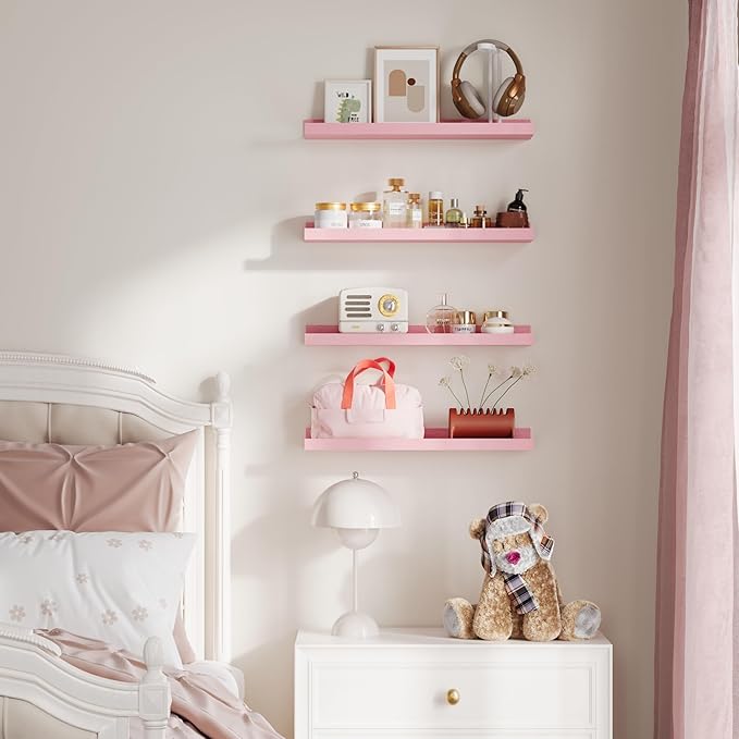 upsimples Pink Shelves for Wall, Pink Room Decor for Teen Girls, Bedroom, Living Room, Game Room, 6 Pack Wall Mounted Wood Shelves for Picture, Plants