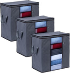 VENO 3 Pack Clothes Storage Bag Organizer with Reinforced Handle Thick Fabric for Comforters, Blankets, Bedding, Foldable with Sturdy Zipper, Clear Window, Reusable (Tall 16.3 Gallon)