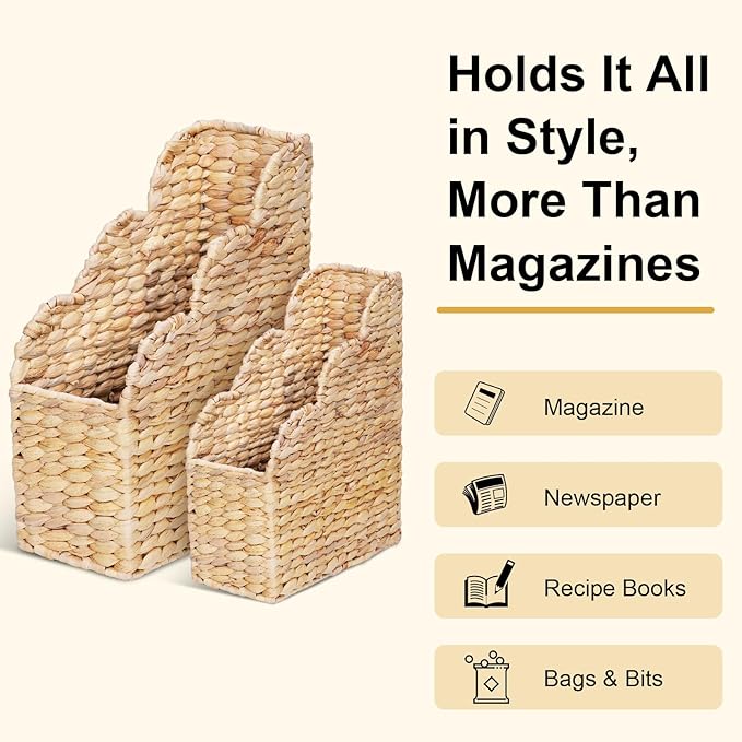 BROWNLILY Water Hyacinth Magazine Holders with Scalloped Edge - Natural Handwoven Rattan Storage Baskets Set of 2 (Large & Small) for Books, Home Office Decor
