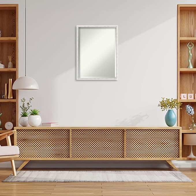 Amanti Art White Wall Mirror 25x19 Paige White Silver Rectangle Bathroom Mirror for Wall Decor Living Room, Medium Modern Wood Frame, Hangs Horizonally and Vertically, Bathroom Decor, Beveled Edge
