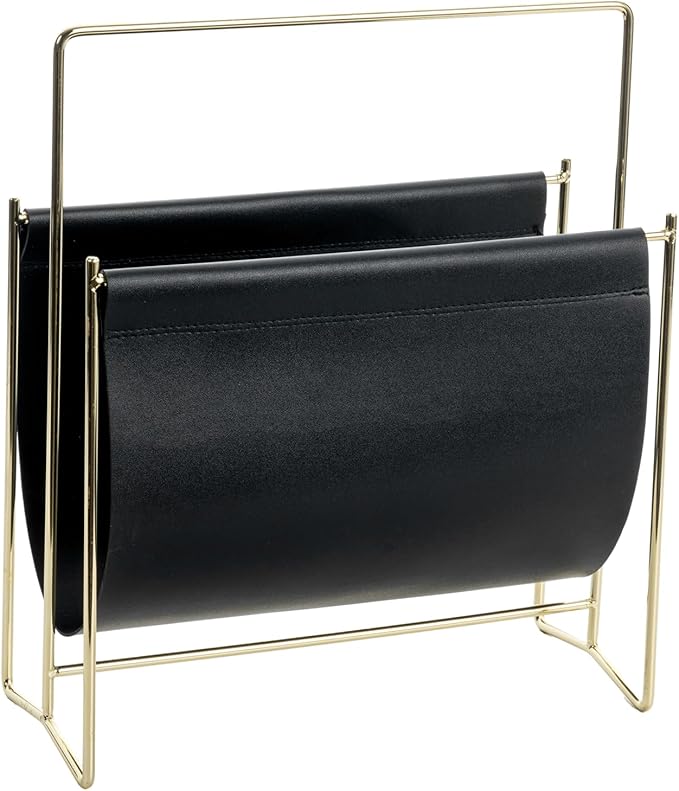 MyGift 13 Inch Modern Black Leatherette Magazine Holder Floor Standing Sling Style Rack with Gold Tone Metal Frame