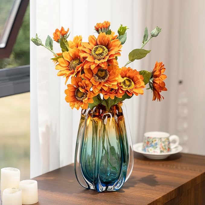Hand Blown Glass Flower vases, Unique Glass vases, Wide Mouth vases, Small Modern Art Deco Glass vases for Home Living Room, Office, Table centerpieces, Bookshelves and Wedding Decorations