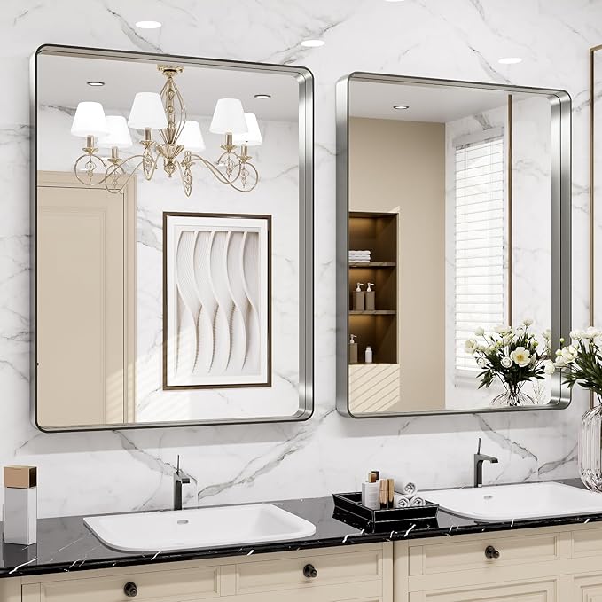 LOAAO 20X30 Inch Brushed Nickel Bathroom Mirror, Rounded Rectangle Silver Metal Frame Mirror, Brushed Nickel, Anti-Rust, Shatter Proof, Hangs Horizontally or Vertically