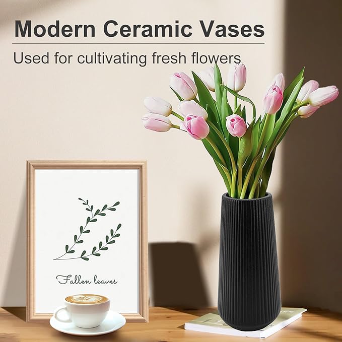 Black Ceramic Vase, GUKJOB Cute Flower Vase for Pampas Grass, Home, Living Room, Dining Table, Farmhouse, Office Decor, Bedroom, Table, and Kitchen Shelf (XL Black)