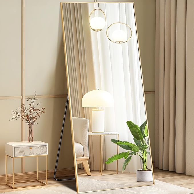 DUMOS 68"x26" Full Length Mirror, Full Body Mirror with Aluminum Alloy Thin Frame, Standing Mirrors with Leaning or Hanging, Suitable for Bedroom, Livingroom, Cloakroom, Gold