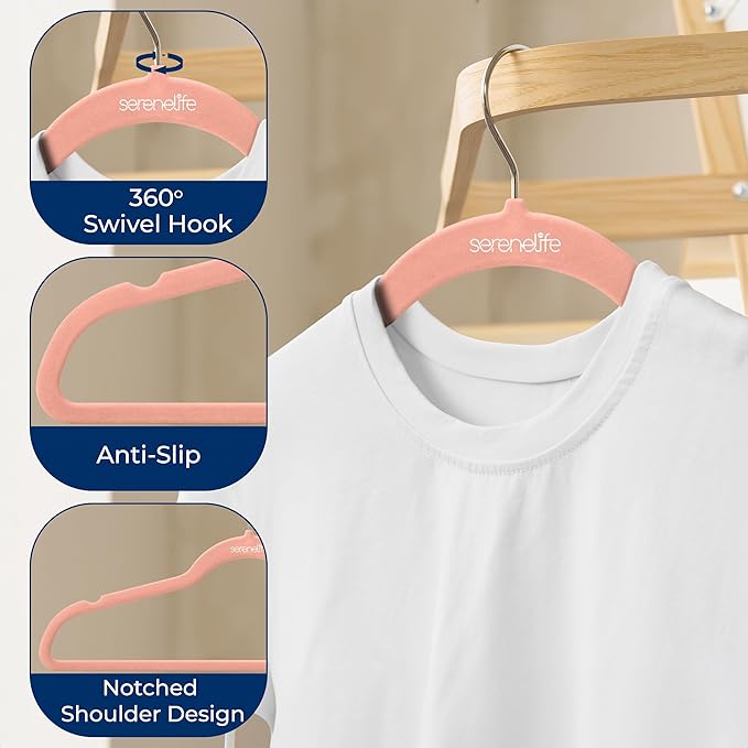 SereneLife 20 Pack Velvet Hangers - Non-Slip Felt Hangers with 360° Swivel Hook - Ultra-Thin, Lightweight, Space Saving for Shirts, Sweaters, Hoodies, Kids Clothes & Dresses