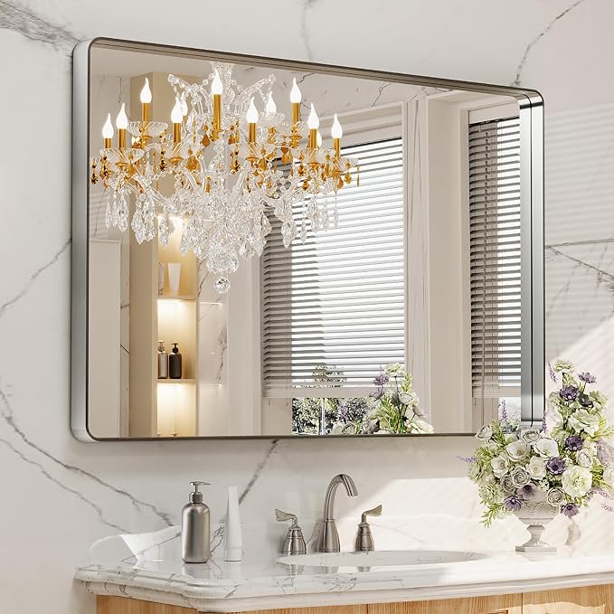 LOAAO 48X30 Inch Brushed Nickel Bathroom Mirror, Rounded Rectangle Silver Metal Frame Mirror, Brushed Nickel, Anti-Rust, Shatter Proof, Hangs Horizontally or Vertically