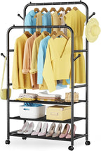 Furologee Clothes Racks for Hanging Clothes, Double Rods Clothing Rack with 3-Tier Storage Shelves, Rolling Garment Wardrobe with Wheels, Portable Free Standing Closet for Bedroom, Laundry Room, Black
