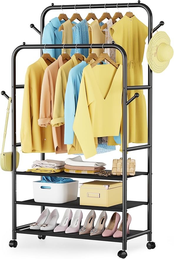 Furologee Clothes Racks for Hanging Clothes, Double Rods Clothing Rack with 3-Tier Storage Shelves, Rolling Garment Wardrobe with Wheels, Portable Free Standing Closet for Bedroom, Laundry Room, Black