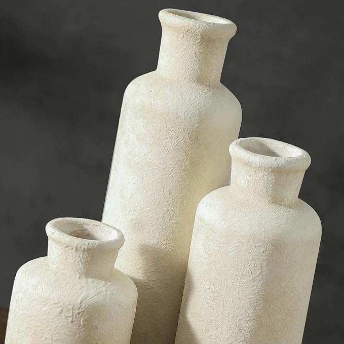Ceramic Vases Set of 3, Whitewashed Neutral Flower Vases Home Decor, Pottery Rustic Farmhouse Decorative Vases Modern Decor for Table Mantel Entryway Bookshelf Living Room Kitchen Bedroom