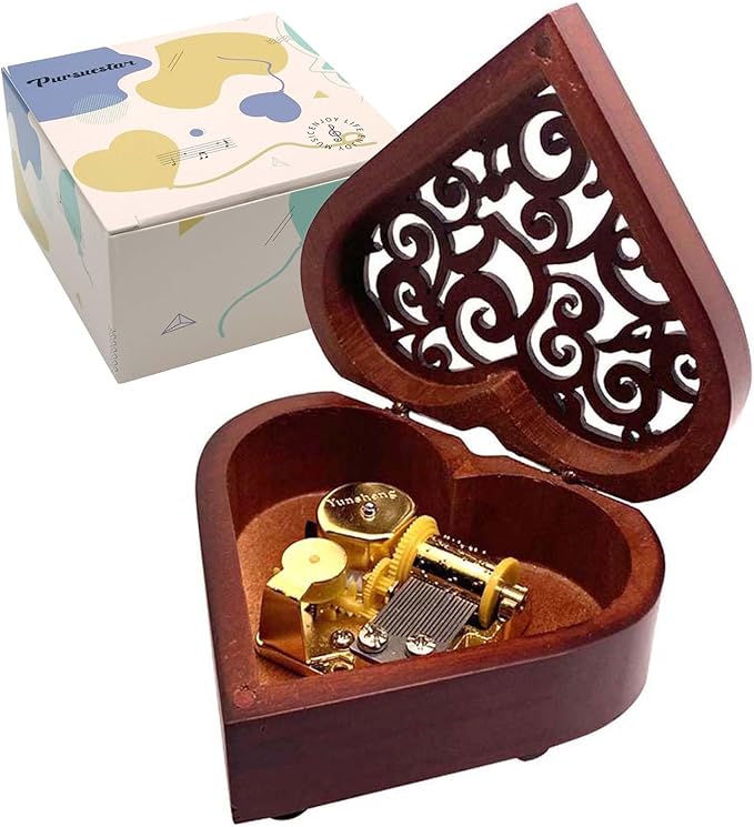 Pursuestar Fur Elise Music Box, Heart Shaped Vintage Hollow Out Wood Mechanism YunSheng Movement Wind Up Musical Box for Birthday Christmas Mother's Day Valentine's Day