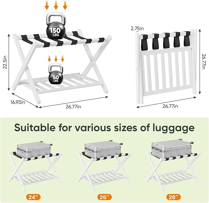 2 Packs Fully Assembled Luggage Racks with Shoe Shelf, Suitcase Stand with Fold & Lock System, Bamboo Luggage Stand Ideal for Guest Room, Bedroom, Hotel, White