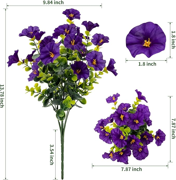Lnoicy Artificial Flowers for Outdoor 12 Bundles Eucalyptus Fake Flowers for Planter,UV Resistant Fake Morning Glory for Home/Porch/Garden Decoration（Purple）