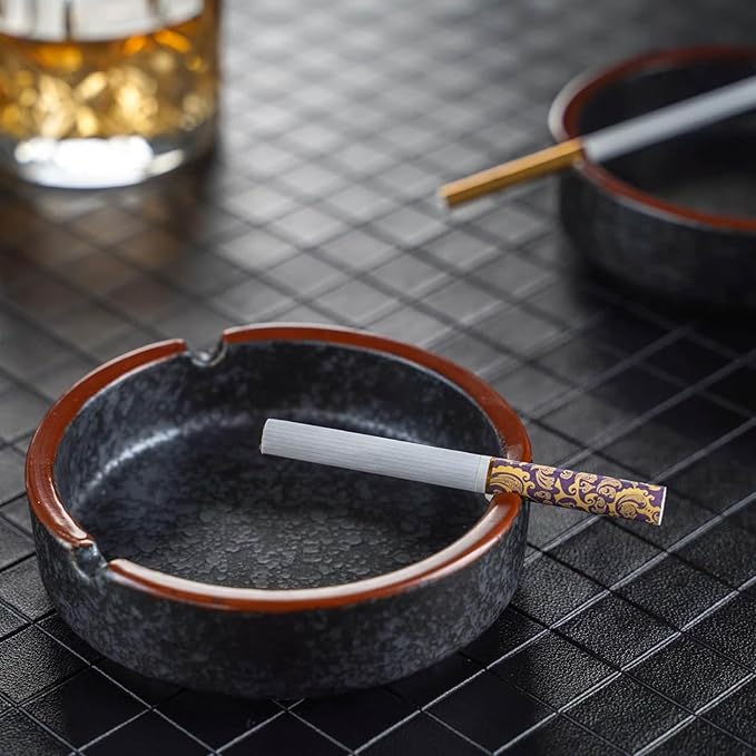 Ceramic Ashtray Stylish Indoor & Outdoor Cigarette Ashtray for Home, Coffee Bars, and Patios，Lava Dazzling Black (2PCS)
