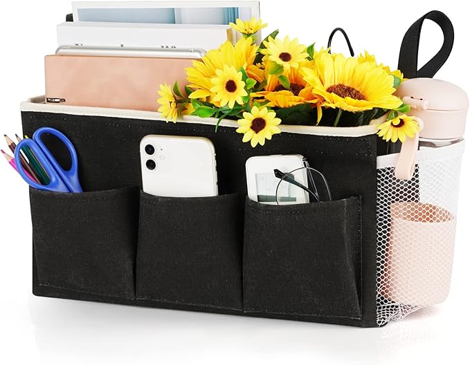 Loghot Bedside Caddy/Bedside Storage Bag Hanging Organizer for Bunk and Hospital Beds,Dorm Rooms Bed Rails,Can be Placed Glasses,Books,Mobile Phones,Keys (New Black)