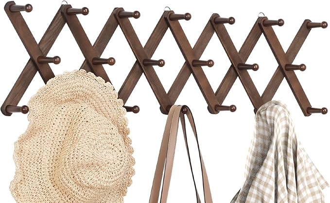 Accordion Wall Hanger, Hat Rack for Wall with 20 Coat Hooks, Expandable Hat Hangers Organizer, Vintage Decorative Coat Rack Wall Mount for Purse, Mug (Brown)