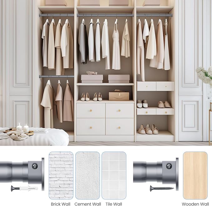 Closet Rods for Hanging Clothes, 17 to 84 Inches No-Cut Stepless Adjustable Closet Rod, 1.3 Inches Expandable Metal Heavy Duty Closet Hanging Rod for Closet Wardrobe Bathroom Laundry RV, Silver