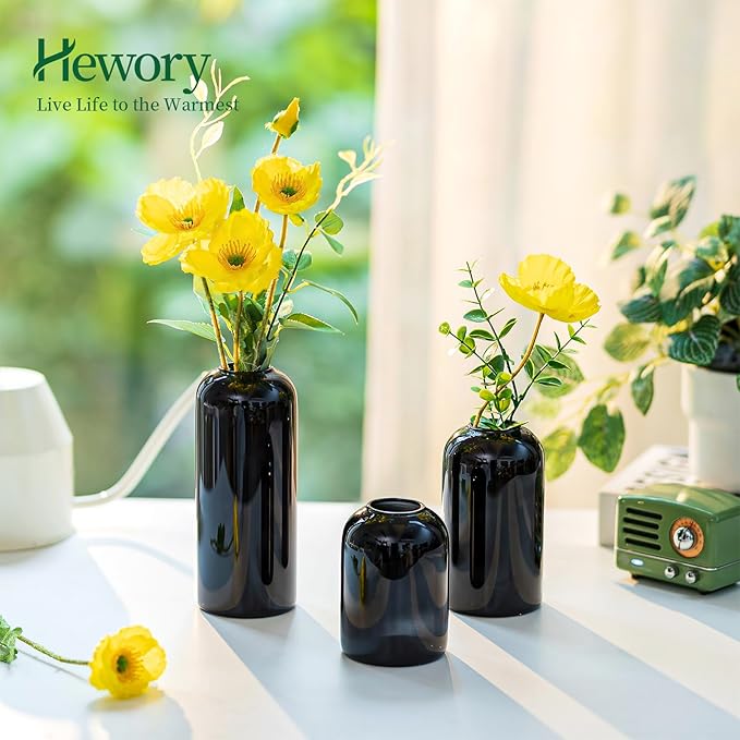 Black Glass Bud Vases for Flowers - Hewory Set of 12 Blown Modern Small Glass Vases for Centerpieces, Mini Bulk Flower Vase for Wedding Party Events Home Decor Floral Arrangements (Not Include Flower)