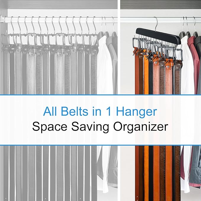 Belt Hanger for Closet, Sturdy Wood Belt Rack Closet Accessories with 14 Hooks Belt Organizer for Closet Organizers and Storage Max 42 Belts-Black 2 Pack