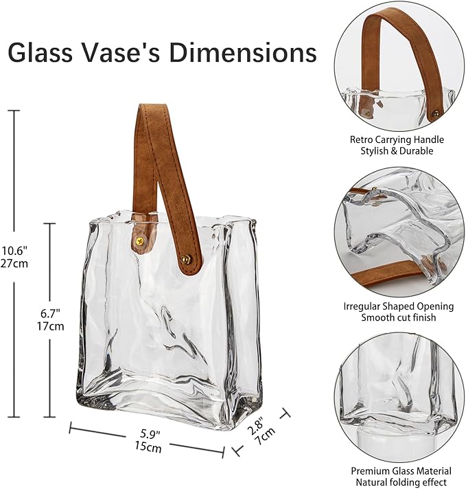Glass Purse Vase for Flowers Clear Vases for Centerpieces Glass Bag Vase with Leather Handle Small Bag Vases for Decor Decorative Fish Bowl for Home Wedding Decor