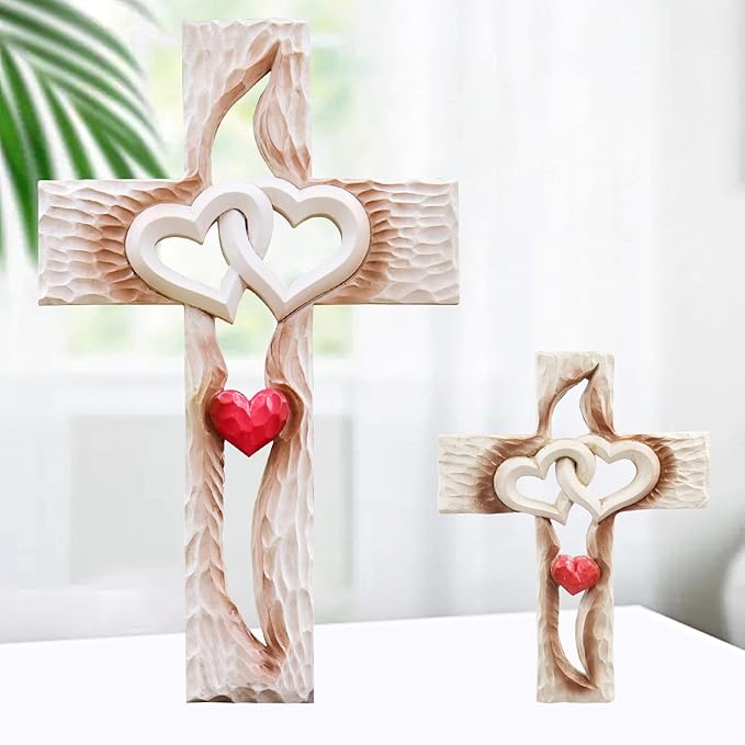 Oooct Carved Cross, Resin Cross Wall Decor, Intertwined Hearts & Never Separates Love, Great Christian Gift, Wall Art Gift, Home Living Room Decor - 13.34 × 8.18 Inch