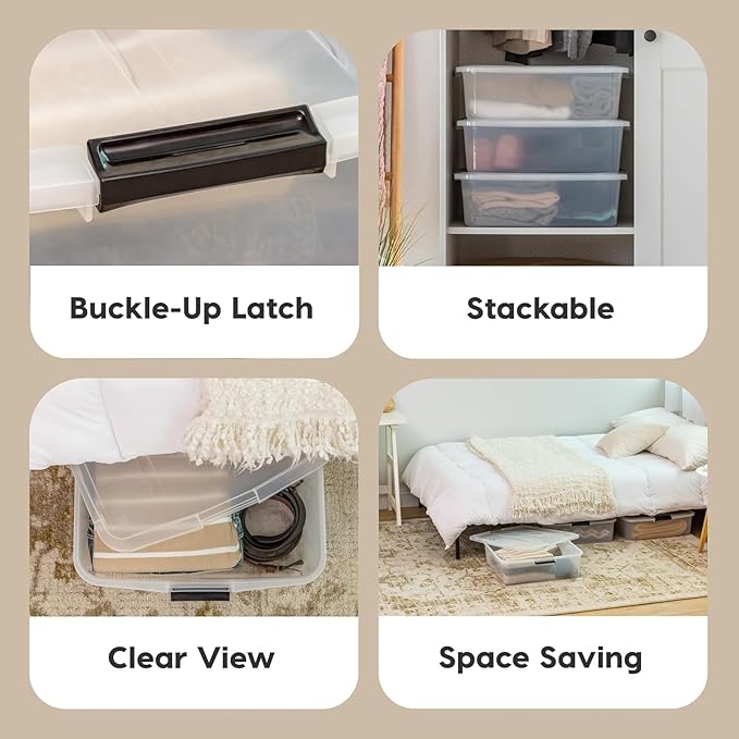 IRIS USA 33 Qt Plastic Under Bed Storage Organizer Bin Container with Secure Lids and Durable Black Buckles, Multi-Purpose for Clothes, Shoes, Clothing, and Bedding, Short, Clear, 3 Pack