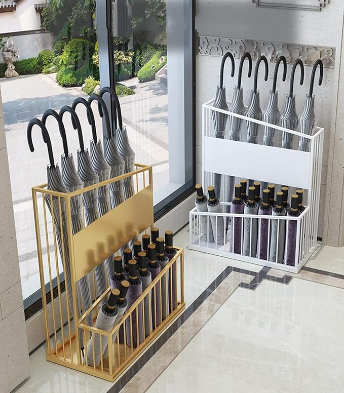 2 Tier Metal Umbrella Stand Umbrella Holder, Large-Capacity Commercial Umbrella Stand Umbrella Holder for Hotel Offices, Entrance Umbrella Organizer (Color : Gold, Size : 30x23x50cm)
