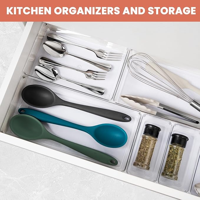 Large Clear Plastic Drawer Organizer 28 Pack - 5 Sizes (XL to small) Acrylic Drawer Organizer Trays for Kitchen Utensils, Gadgets, Bathroom, Vanity and Makeup, Office - Everything Can Be Organized!
