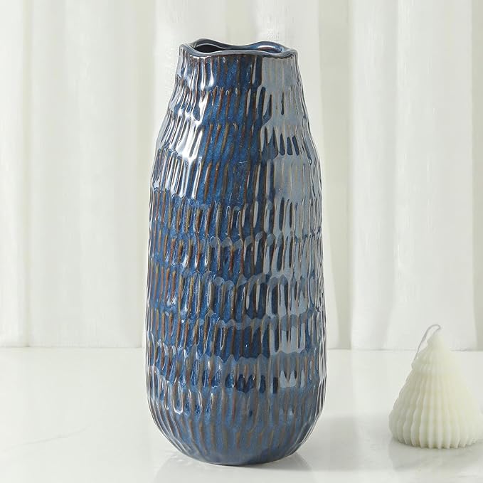 Blue Ceramic Vase for Home Decor, 12.6 Inch Tall Flower Vase with Modern Textured Finish,Decorative Floor Vase for Pampas Grass, Entryway, Living Room, Dining Table, Farmhouse or Office