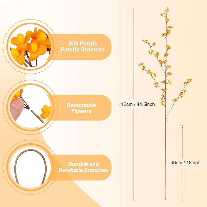 4Pcs Fake Flowers Blossom Branches Artificial Flowers for Indoor Decor, Faux Long Stem Realistic Indoor Plants for Vase Wedding Home Office Bedroom Party Table Centerpieces Decor