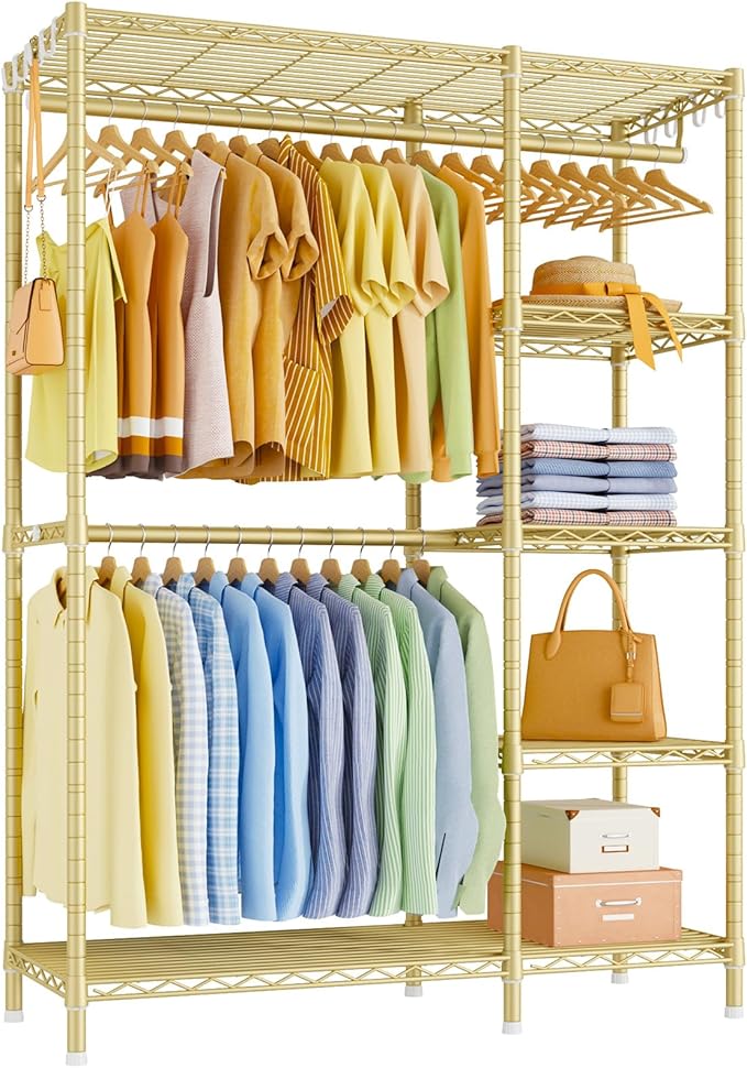 Ulif F2 Clothes Rack, 5 Tiers Heavy Duty Garment Rack for Bedroom, Freestanding Adjustable Closet Storage Organizer, 46.1" W x 15.4" D x 78.3" H, Load 630lbs, Upgraded Gold